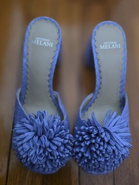 ANTONIO MELANI Periwinkle Raffia Pom Slide Mules